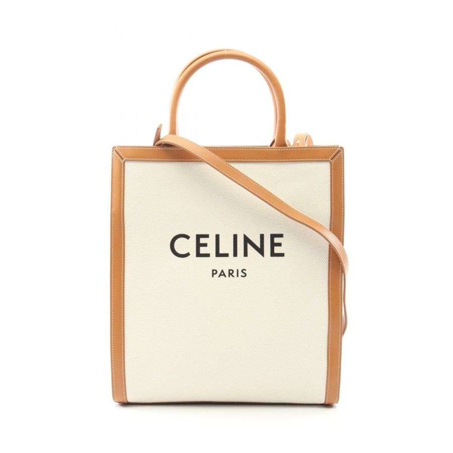 CELINE 小號垂直 Cabas 兩用肩背手提包 192082BNZ 帆布 白色 棕色-0