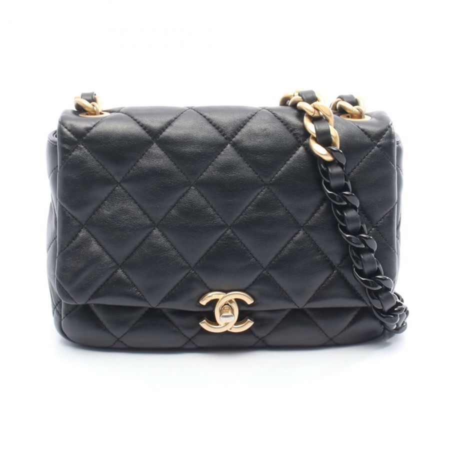 香奈兒 (CHANEL) 絎縫小號翻蓋斜背包 AS3206 黑色皮革 二手 金色五金-0