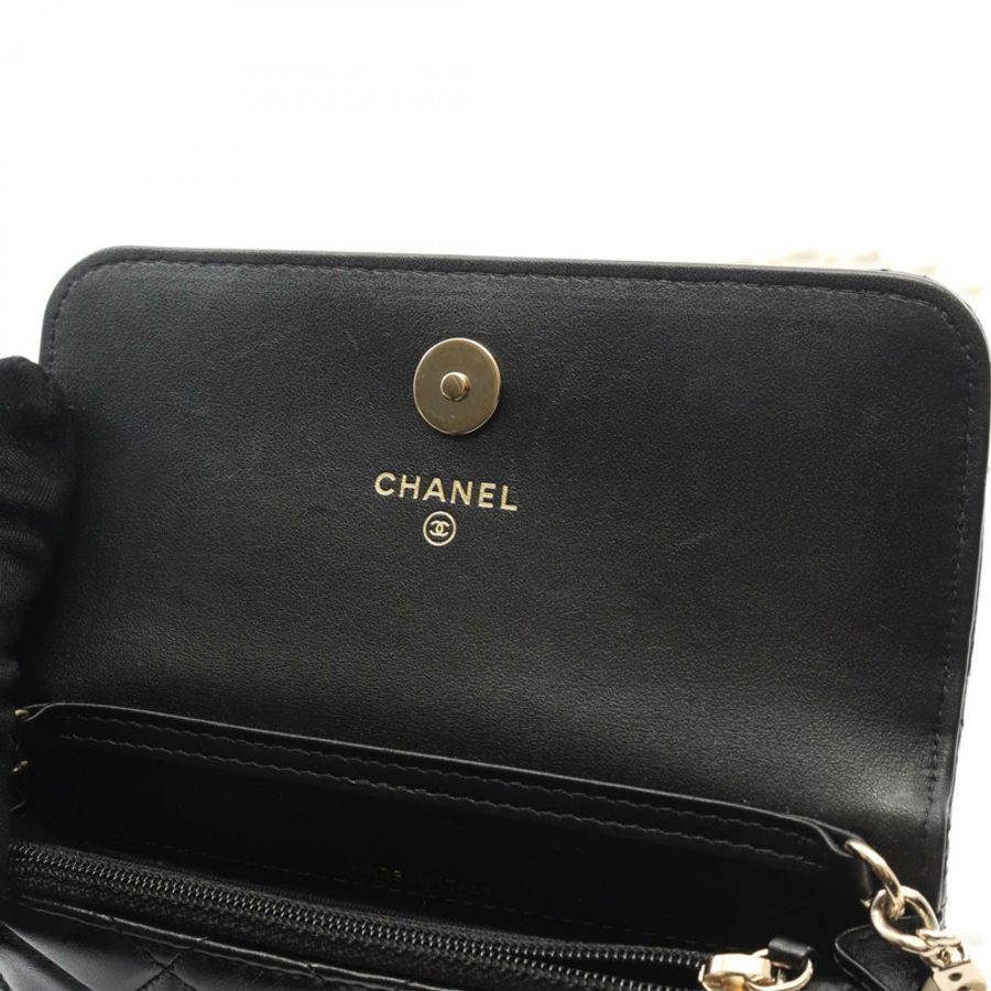 香奈兒 (CHANEL) 絎縫珍珠鏈肩背包迷你皮夾 AP1838 皮革黑色金色五金-6