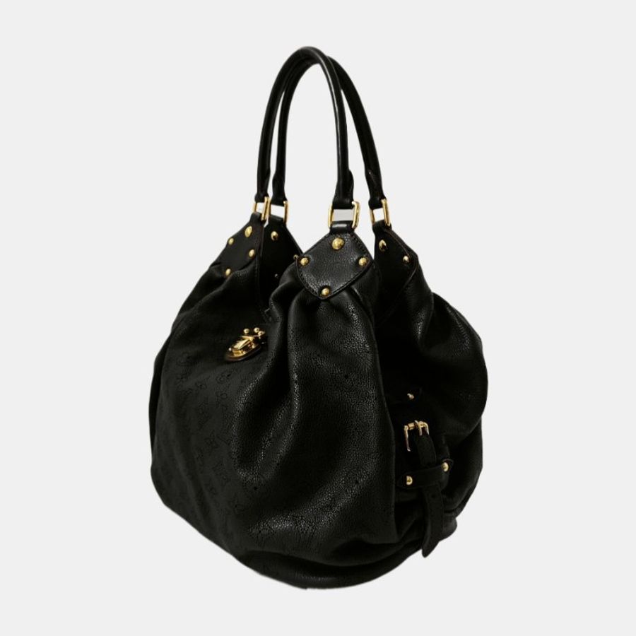 LOUIS VUITTON MAHINA黑色牛皮老花手提包單肩包金色五金-2