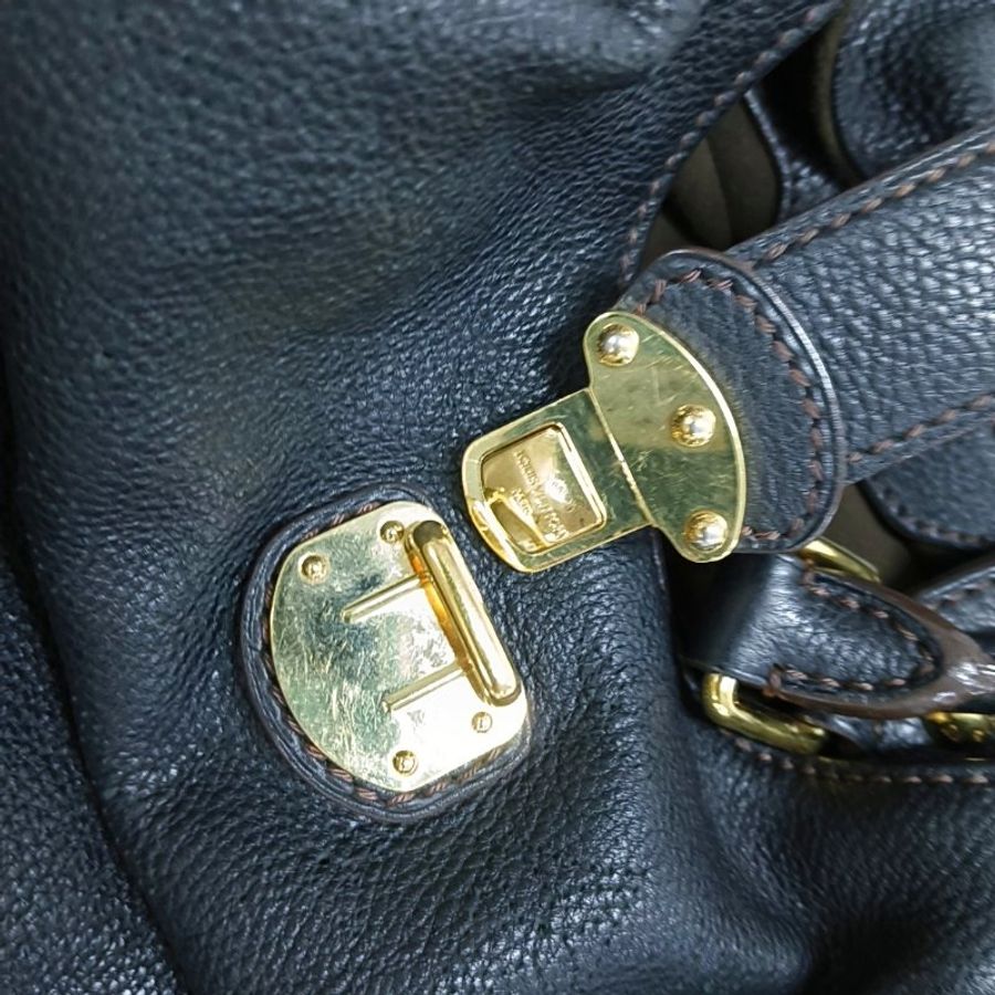 LOUIS VUITTON MAHINA黑色牛皮老花手提包單肩包金色五金-6