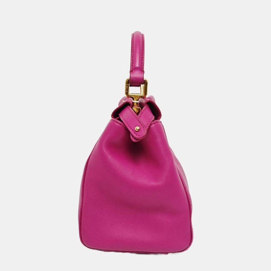 FENDI Peekaboo迷你玫紅色羊皮單肩包手提包斜挎包金色五金可拆卸肩帶-2