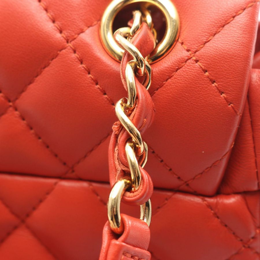 香奈兒 (CHANEL) 絎縫鏈條雙肩包,橘色皮革,金色五金,二手,女士,Coco CC-10