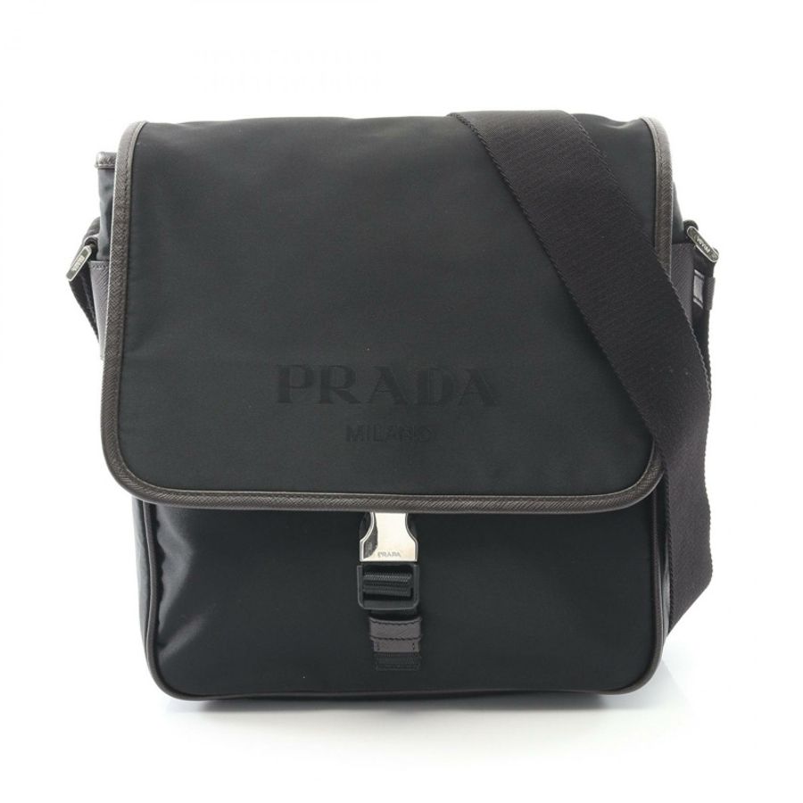 PRADA VA0770 尼龍 Saffiano 皮革肩斜背包，黑色/棕色，二手-0