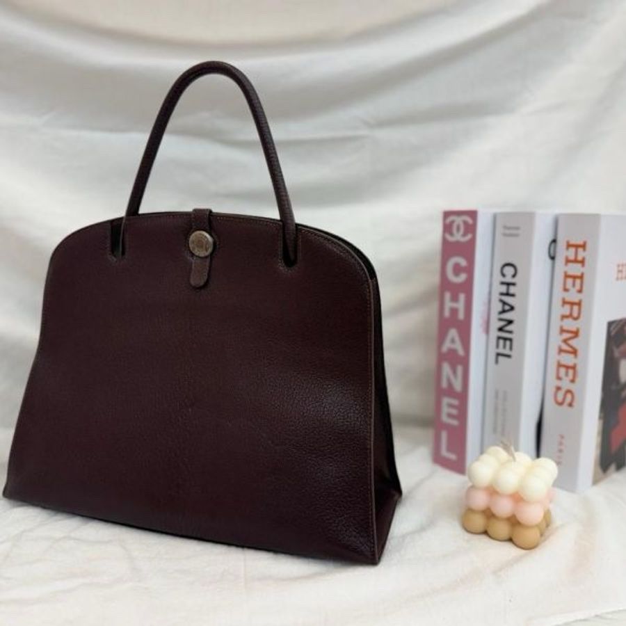 Hermès 中古深咖銀扣手提包-3