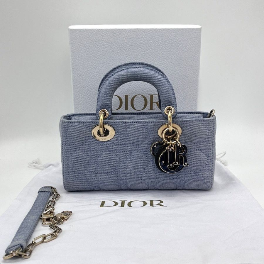 DIOR D-Joy橫版小號 藍色牛仔黛妃手提肩背包22*12*6 98新配件盒子塵袋-1