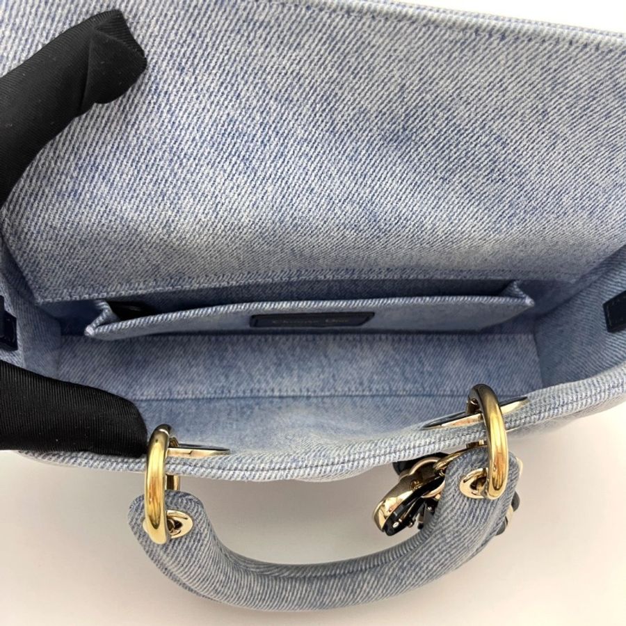 DIOR D-Joy橫版小號 藍色牛仔黛妃手提肩背包22*12*6 98新配件盒子塵袋-2