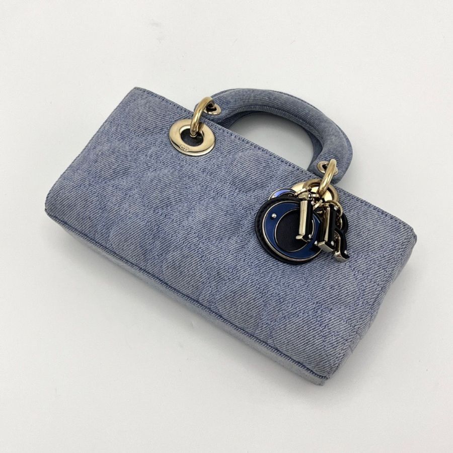 DIOR D-Joy橫版小號 藍色牛仔黛妃手提肩背包22*12*6 98新配件盒子塵袋-3