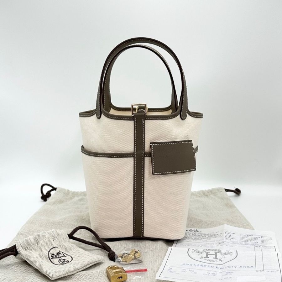 HERMES 大象灰拼米色帆布拼皮qcargo18菜籃子手提包18*18*13 全新閒置配件塵袋鎖鑰匙購證-1