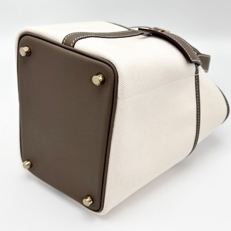 HERMES 大象灰拼米色帆布拼皮qcargo18菜籃子手提包18*18*13 全新閒置配件塵袋鎖鑰匙購證-3
