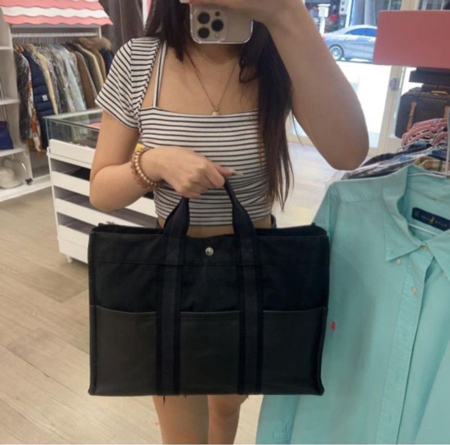 Hermès 黑色帆布拼皮革手提包-1