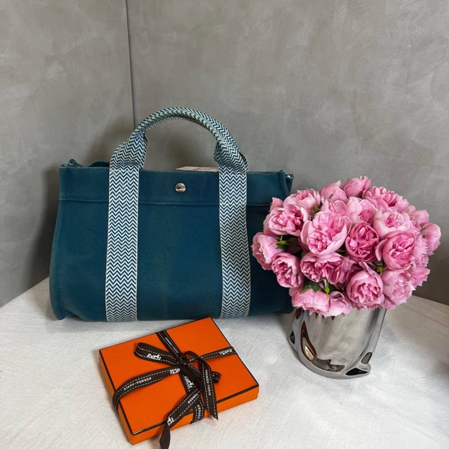 Hermès 中古藍色帆布圓桶手提袋-0