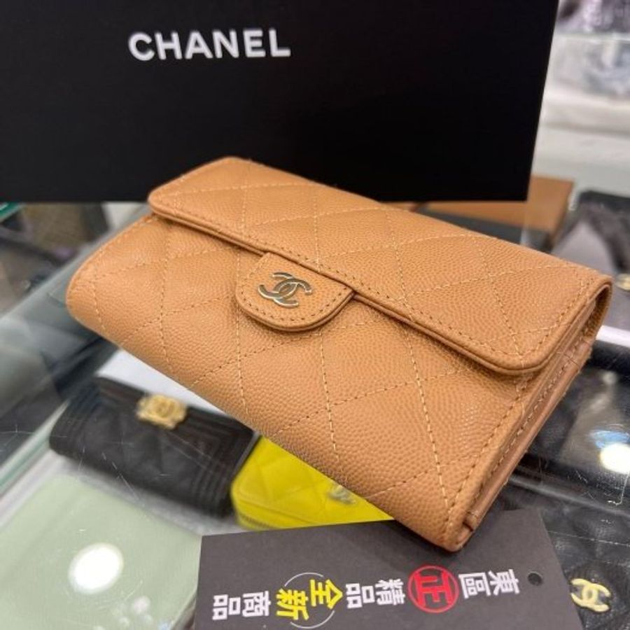 東區正精品㊣CHANEL AP0232 全新焦糖色荔枝牛皮菱格紋金扣小費袋翻蓋三折釦子中夾 RZ4691-6