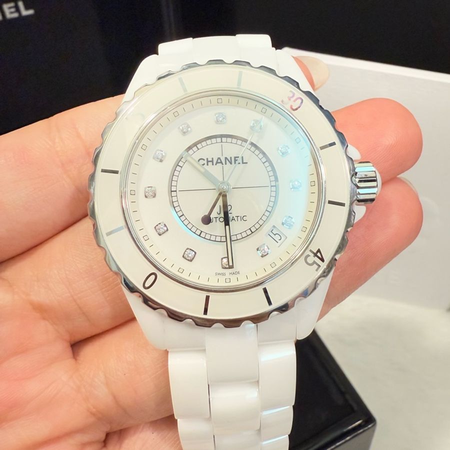 Chanel J12 白陶瓷 38mm 12點鑽款 機械錶-0