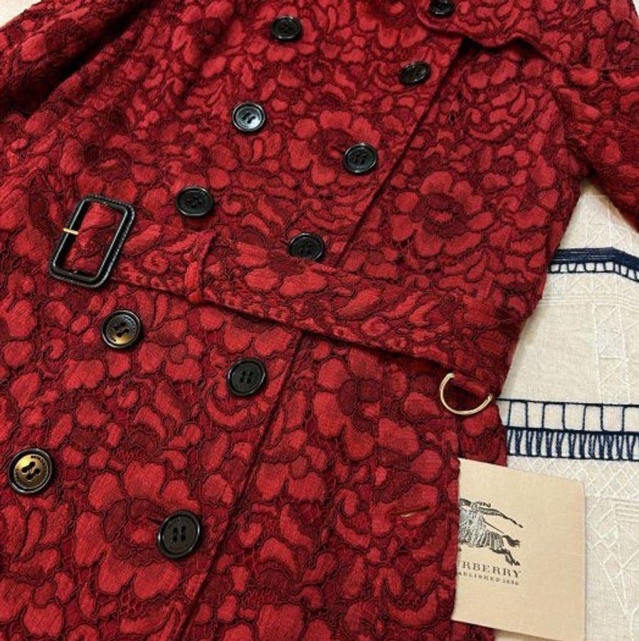 BURBERRY英國紅色蕾絲風衣UK8-6