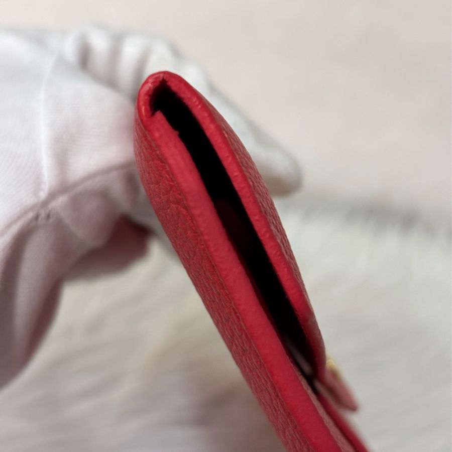 LV 訂製款 紅色荔枝皮 圓形 LOGO 釦式 信封 長夾 皮夾 收納袋 萬用袋-16