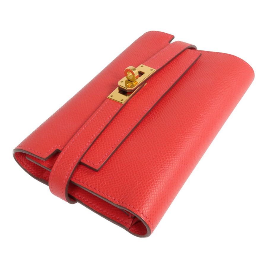 HERMES Epsom皮革Kelly Short Wallet金扣錢包Rouge de Coeur-4