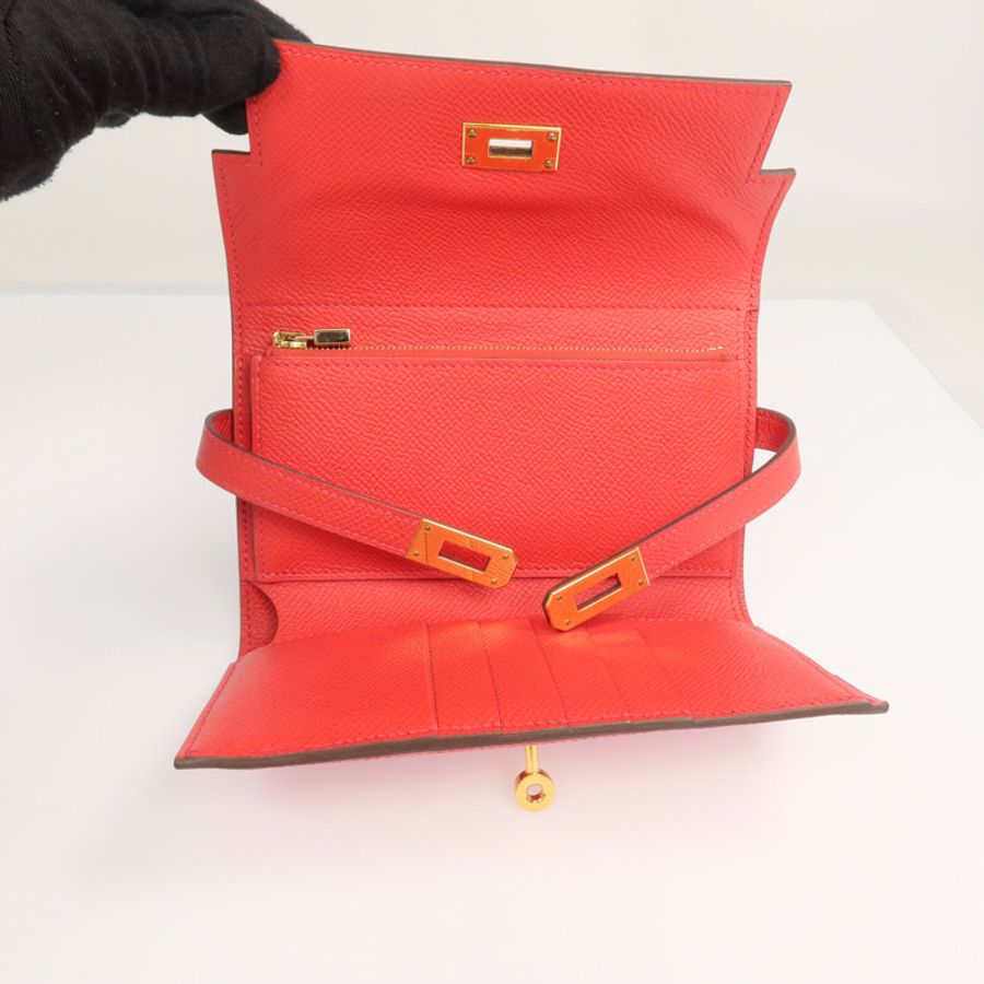 HERMES Epsom皮革Kelly Short Wallet金扣錢包Rouge de Coeur-13