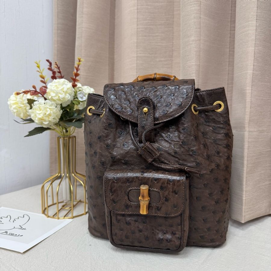 【赫蒂國際精品】 Gucci 古馳 鴕鳥皮竹節雙肩包 稀有款 後背包 手提 vintage-0