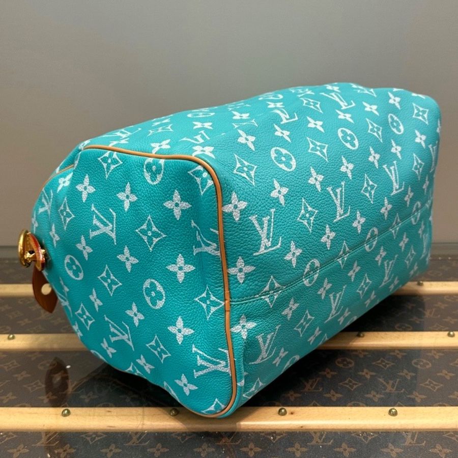LV Speedy P9 Bandouliere 40綠松石子母手提肩背斜背包芯片款 40*26*23 全新閒置配件塵袋吊牌鎖鑰匙-5