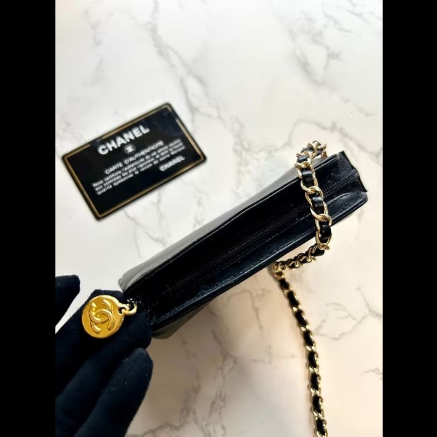 【LA LUNE】中古包Chanel黑金色小羊皮革斜背包 單肩包 側背包 二手包 古董包-2