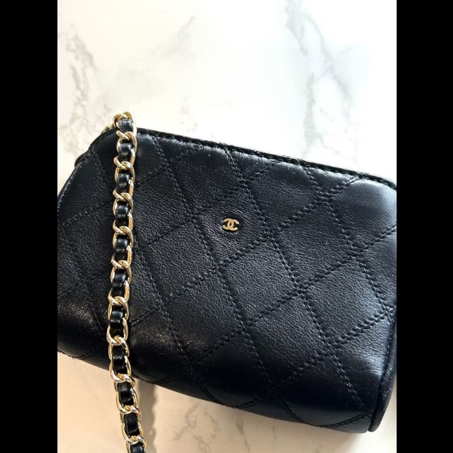【LA LUNE】中古包Chanel黑金色小羊皮革斜背包 單肩包 側背包 二手包 古董包-6