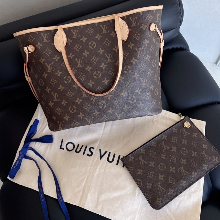 【近新閒置品】Louis Vuitton路易威登 LV neverfull老花nf大號購物袋子母款 晶片款托特包 米色內裡-1