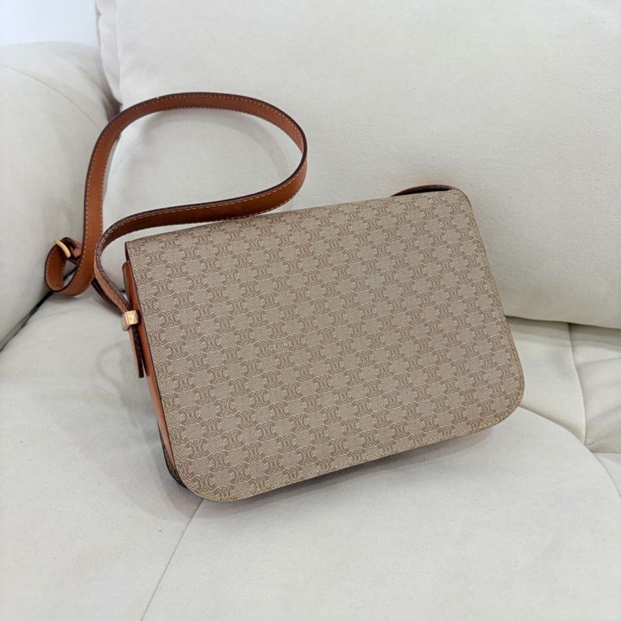 Celine 米色中古馬車扣肩背包 米花 稀有-2