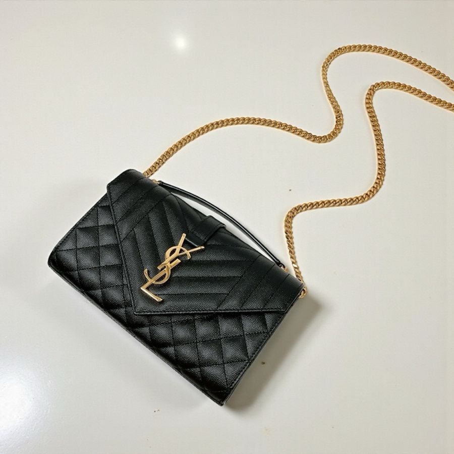 莉亞精品♡ YSL 600195 菱格郵差包 黑金 二手-0