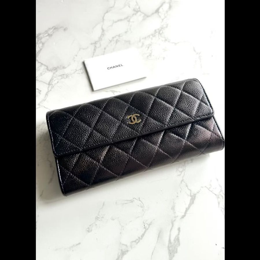 【LA LUNE】稀有中古Chanel黑金色魚子醬皮革長夾 皮夾 錢包 中夾 二手古董包-0
