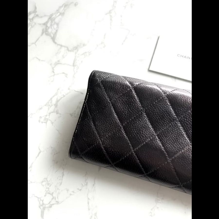 【LA LUNE】稀有中古Chanel黑金色魚子醬皮革長夾 皮夾 錢包 中夾 二手古董包-5