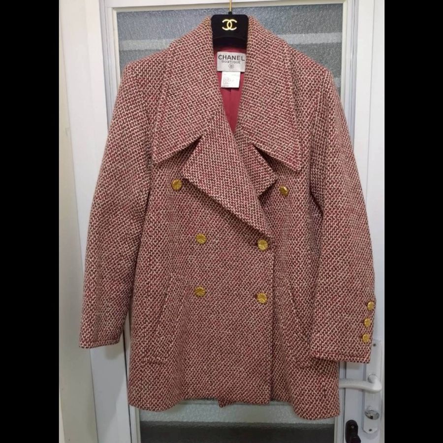 Chanel 紅白毛呢格外套-0
