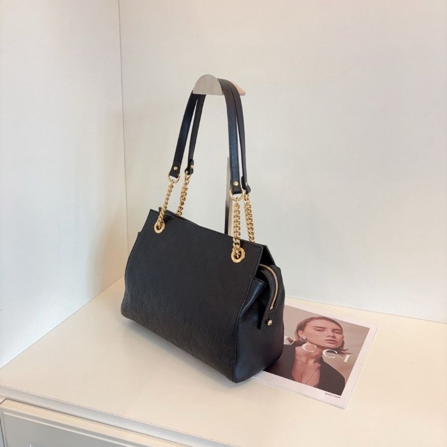 Gucci 黑銀全皮gg壓花鏈條托特包 30*24*13 98新配件塵袋-5