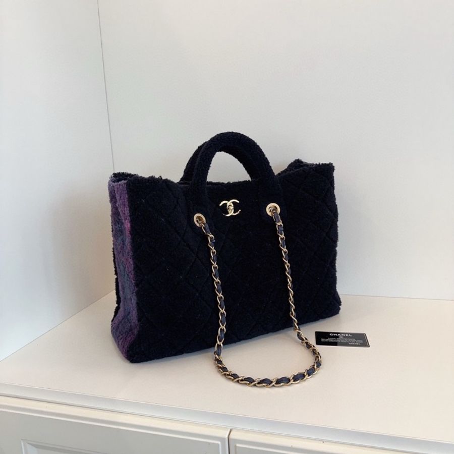 Chanel 秋冬黑金拼紫色羊毛 泰迪tote 托特包42*30*13 99新配件塵袋保卡-3
