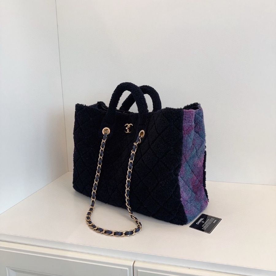 Chanel 秋冬黑金拼紫色羊毛 泰迪tote 托特包42*30*13 99新配件塵袋保卡-5