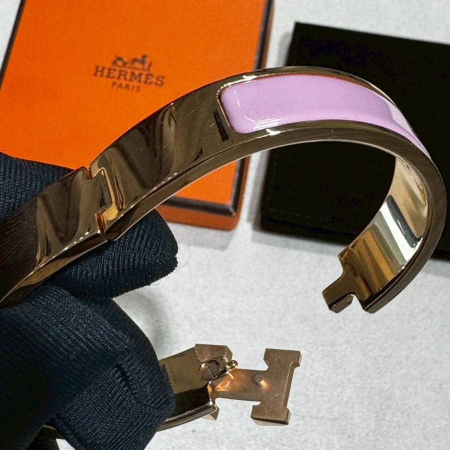 Hermès Clic H Logo細版櫻花粉色琺瑯手環-7