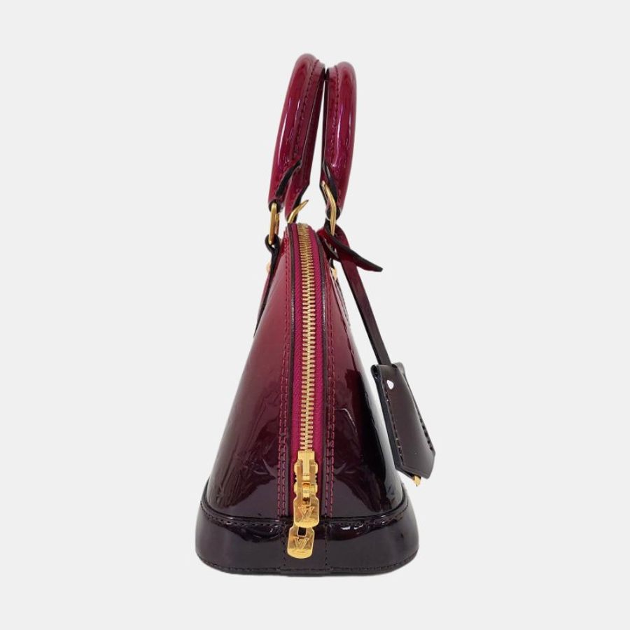LOUIS VUITTON ALMA BB紫紅色漆皮老花壓紋貝殼包單肩包手提包斜挎包金色五金可拆卸肩-3
