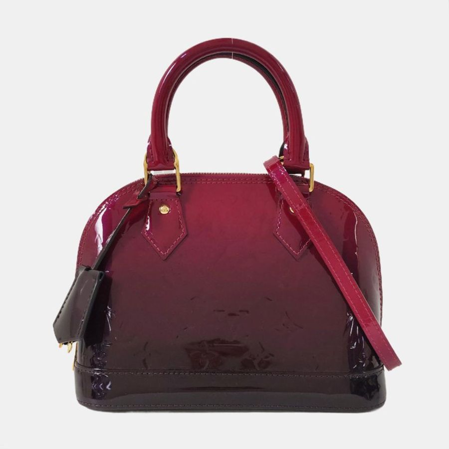 LOUIS VUITTON ALMA BB紫紅色漆皮老花壓紋貝殼包單肩包手提包斜挎包金色五金可拆卸肩-7