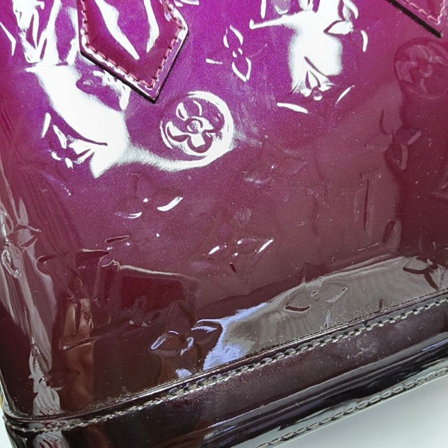 LOUIS VUITTON ALMA BB紫紅色漆皮老花壓紋貝殼包單肩包手提包斜挎包金色五金可拆卸肩-8