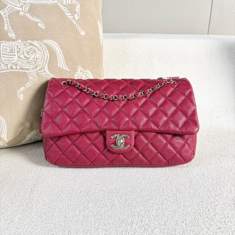 Chanel 孟買系列拉鍊款CF暗紅色銀扣荔枝皮32*20*7 98新配件塵袋-1