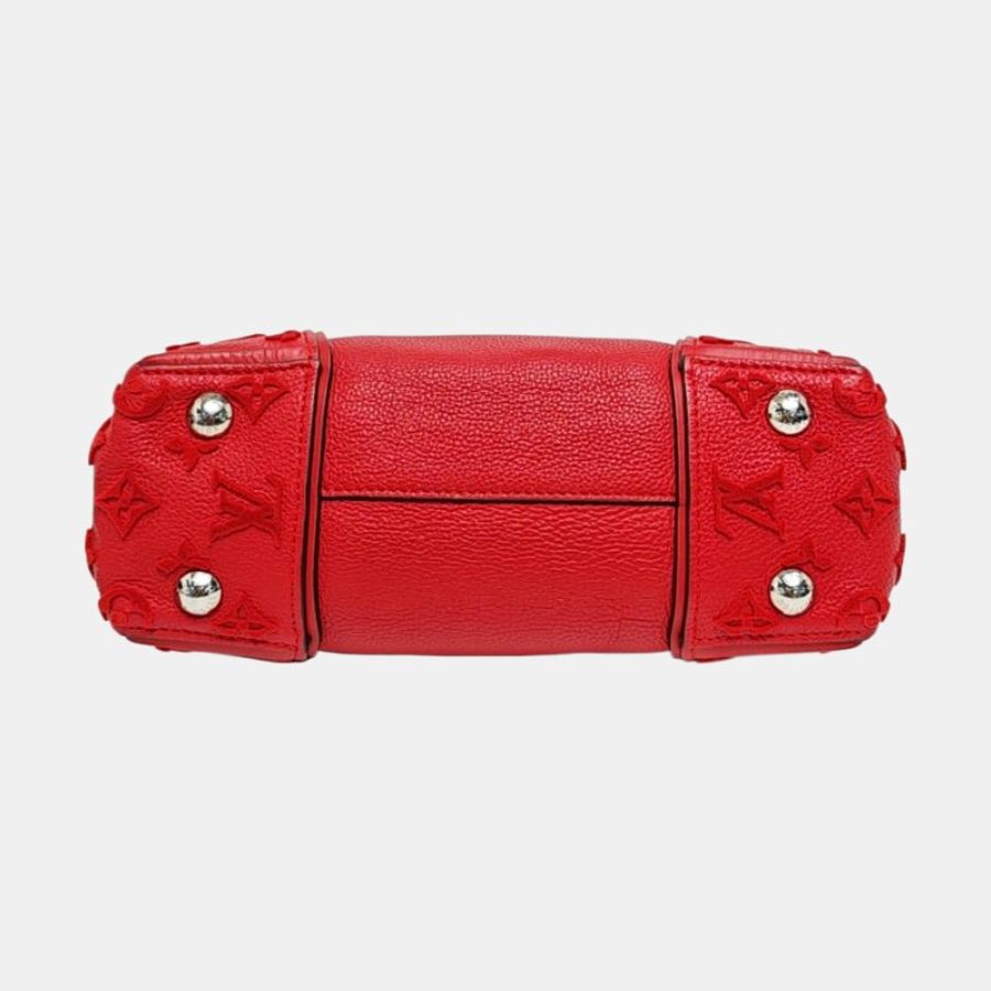 LOUIS VUITTON W紅色牛皮老花浮雕單肩包手提包銀色五金可拆卸肩帶-5
