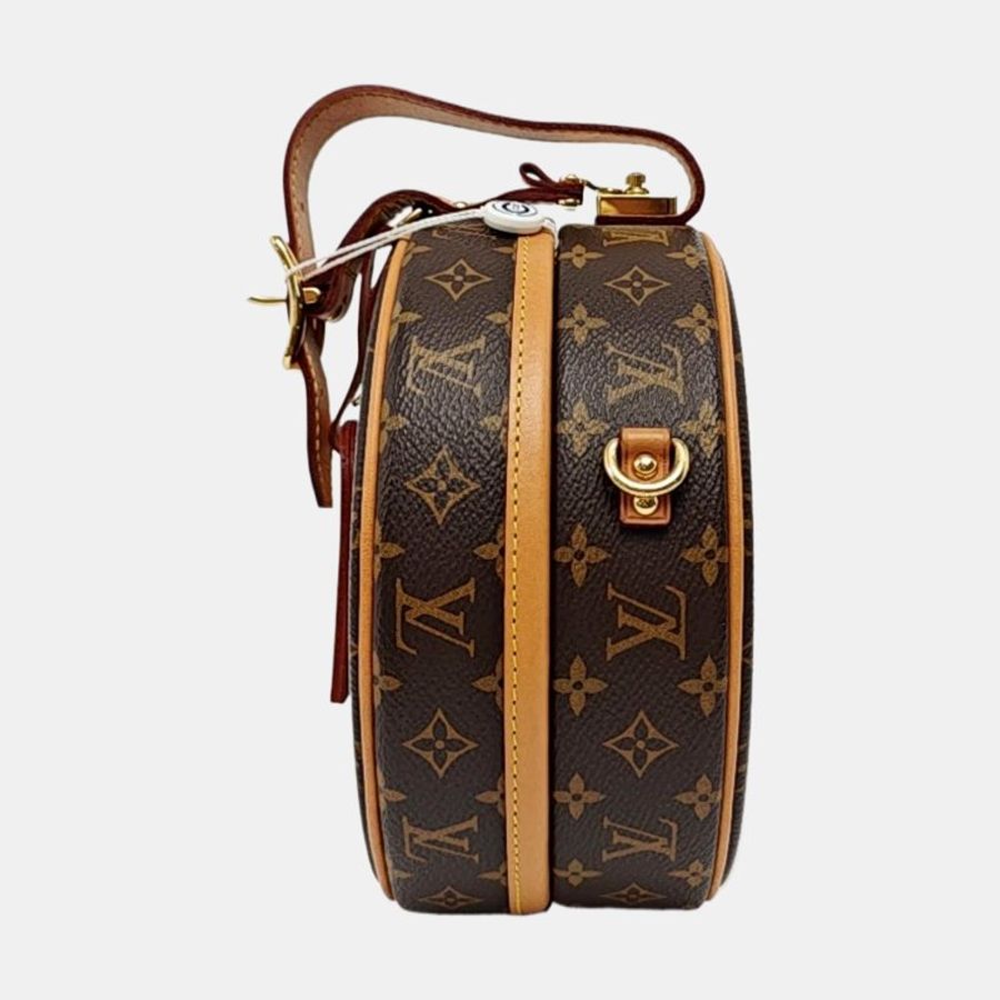 LOUIS VUITTON BOITE CHAPEAU 小號棕色塗層帆布老花印花圓餅包單肩包手提包斜挎包金色五金可拆卸肩帶-2