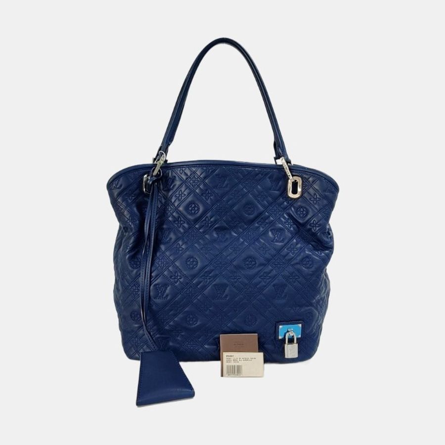 LOUIS VUITTON LILIA小號深藍色牛皮老花壓紋手提包單肩包銀色五金-7