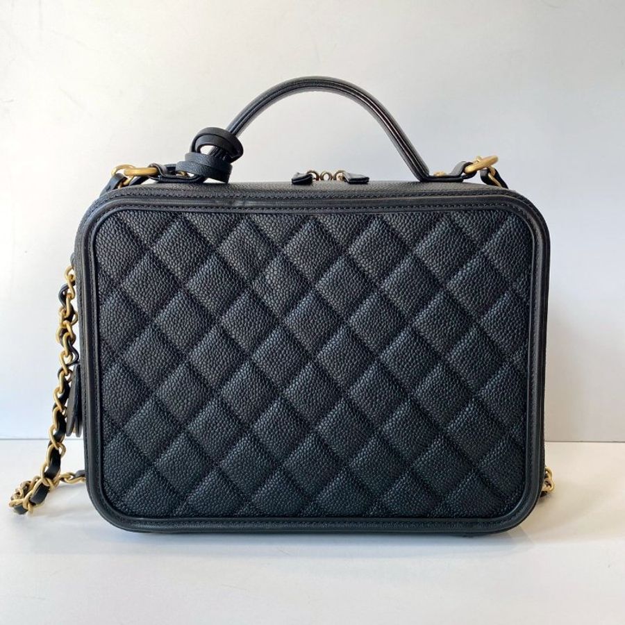 CHANEL 絕版 Vavnity Case 大型 化妝盒包 黑色 荔枝紋 牛皮 菱格 霧金鏈 A93344-1