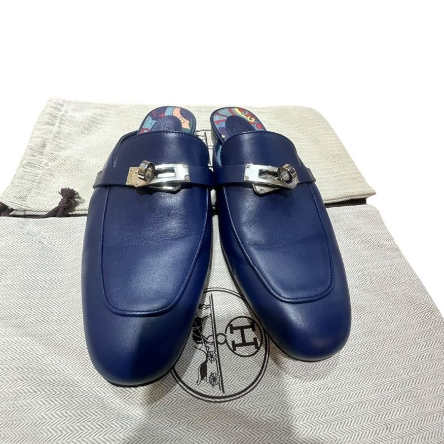【美收精品】HERMES藍色皮革拖鞋 4-713-10