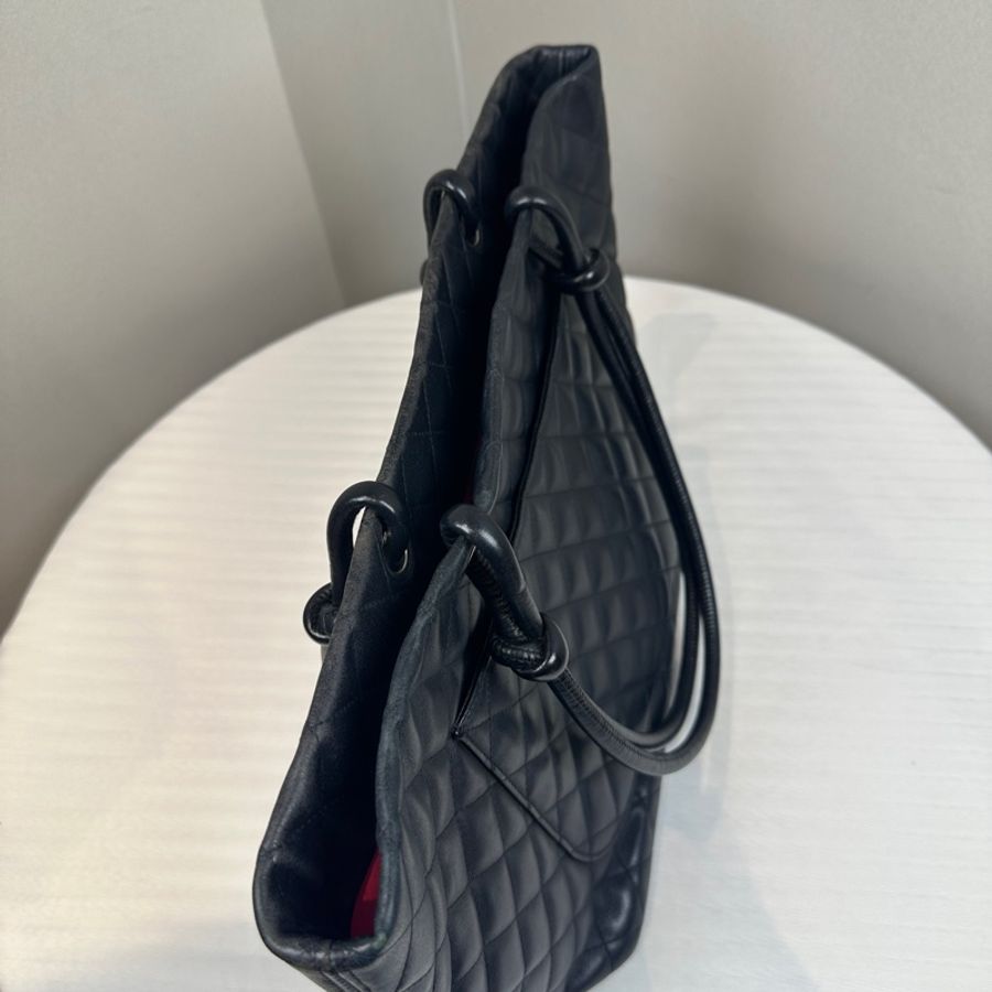 香奈兒/Chanel Vintage Cambon Tote Bag 黑色銀扣牛皮康鵬托特包30x14x24cm-4