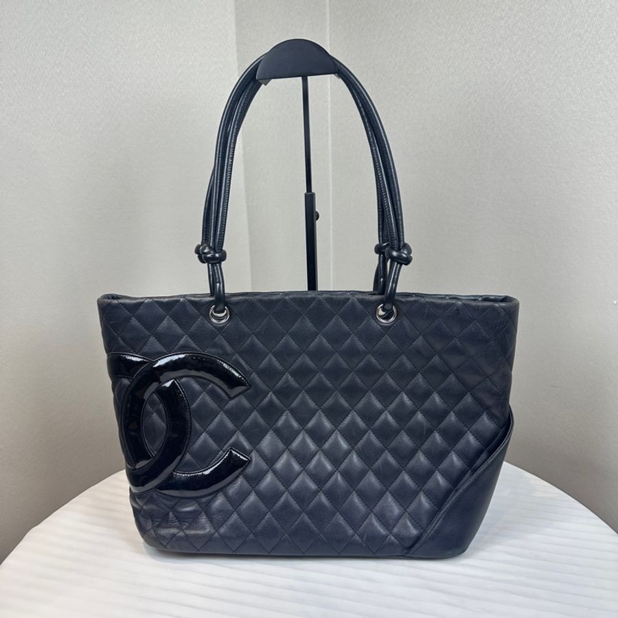 香奈兒/Chanel Vintage Cambon Tote Bag 黑色銀扣牛皮康鵬托特包30x14x24cm-10