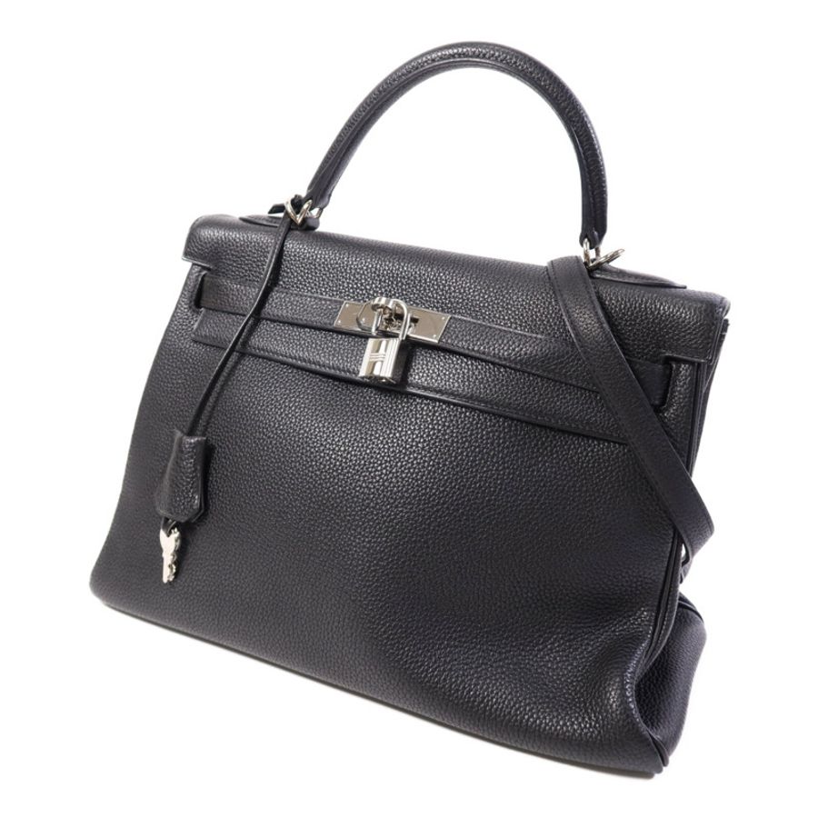 HERMES Clemence皮革Kelly 32銀扣手挽肩背兩用袋Noir-2