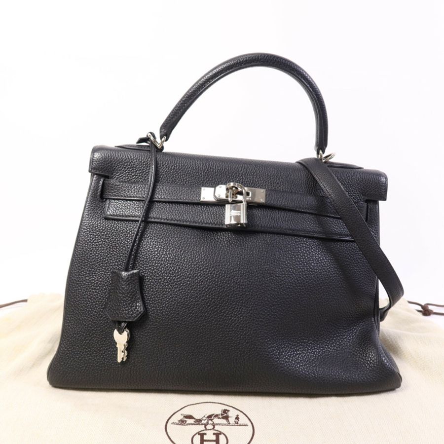 HERMES Clemence皮革Kelly 32銀扣手挽肩背兩用袋Noir-9