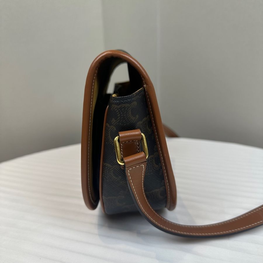 賽琳/Celine Medium Folco 中號金扣凱旋門老花馬鞍包 塗層帆布配棕色牛皮18.5x7x17cm-3